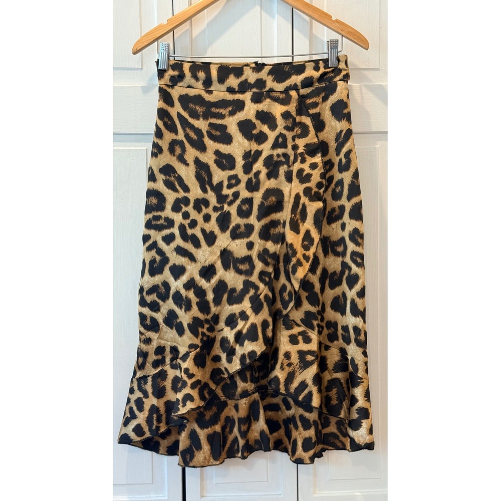 Womens Leopard Print Wrap Midi Skirt Ruffle Tie Waist Polyester S Badie Silky - Picture 1 of 7